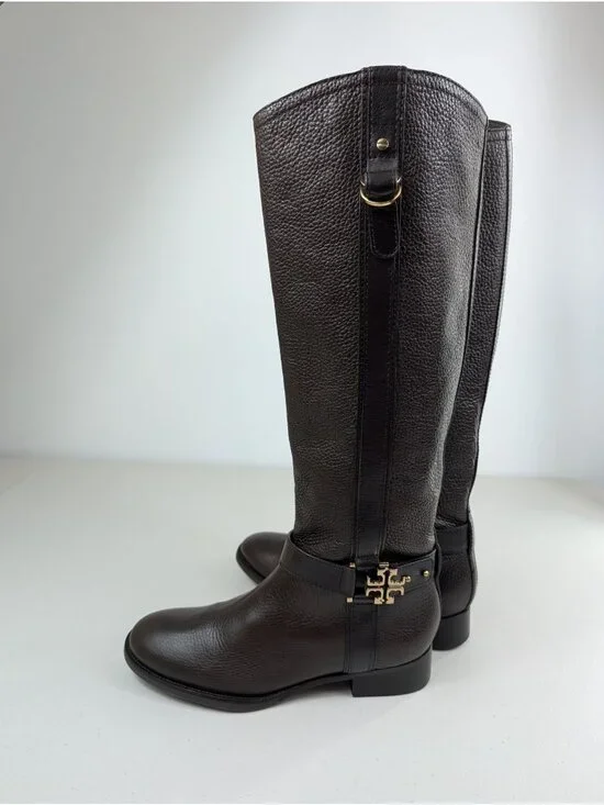 Tory Burch Elina Riding boots brown leather gold tone logo turnblock size 8.5 - Picture 3 of 10